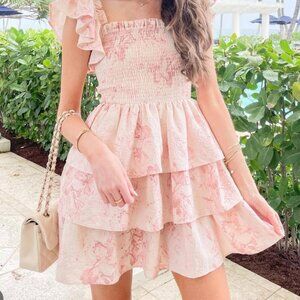 NWT Express Coquette Cottagecore Pink Cream Feminine Floral Ruffle Mini Dress ME